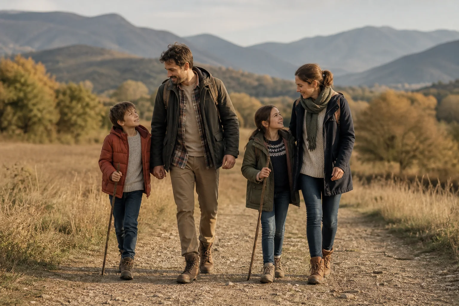 A mother, father, and their two children walking together in the countryside